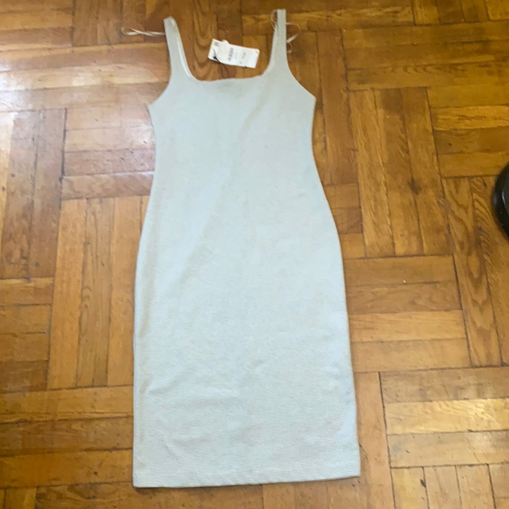 NWT Zara Navy Blue & White Pinstripe Midi Bodycon Dress - Size L